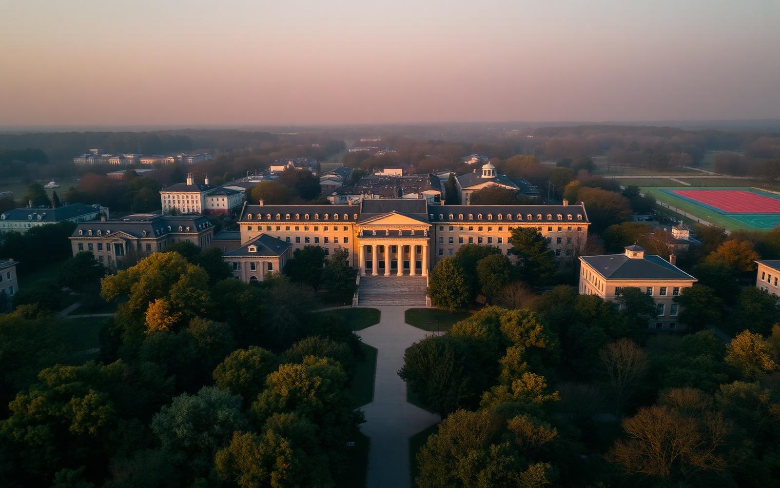Aerial view of a university campus and its river setting