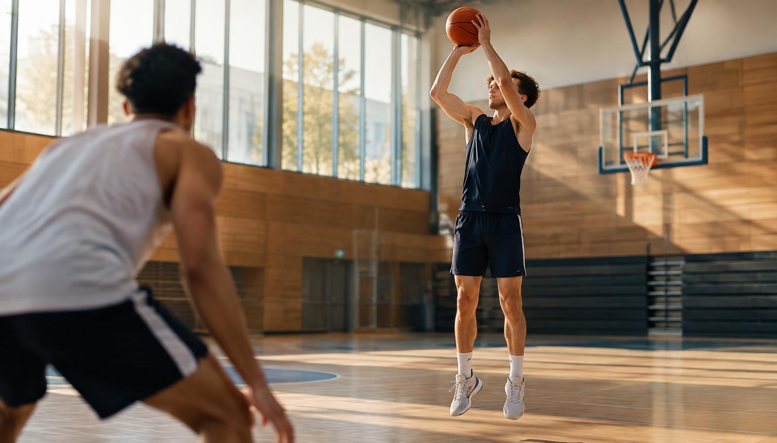 Basketball player shooting in a UK university sports hall